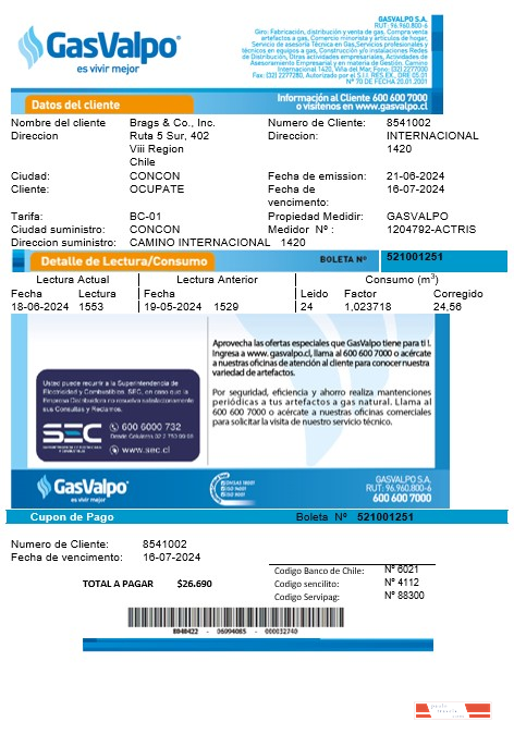 Chile GasValpo business utility bill template fully editable in word and pdf formats1